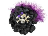 Hairy Scary Black w Magenta Purple Feather & Purple Bow Heavy Metal Skull Crossbones Hair Clip