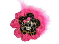 Hairy Scary Pink N Leopard w Pink Feather & Pink Bow Heavy Metal Skull Crossbones Hair Clip