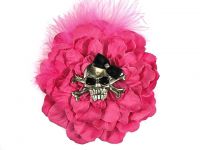 Hairy Scary Pink w Pink Feather & Black Bow Heavy Metal Skull Crossbones Hair Clip