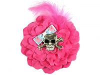 Hairy Scary Pink w Pink Feather & Piggy Bow Heavy Metal Skull Crossbones Hair Clip