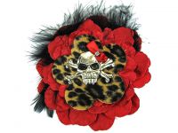 Hairy Scary Red N Leopard w Black Feather & Red Bow Heavy Metal Skull Crossbones Hair Clip
