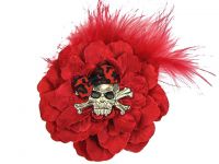 Hairy Scary Red w Red Feather & Red Leopard Bow Heavy Metal Skull Crossbones Hair Clip