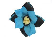 Hairy Scary Blue & Black 3D Skull w Rose Annatommy Cameo Hair Clip