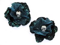 Hairy Scary Black w Turquoise Glitter Rosie the Reaper Skull Hair Clip Set