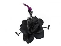 Hairy Scary Black Rose w Black Skeleton Purple Feather Vaude Villian Hair Clip Pin