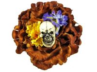 Hairy Scary Brown w Yellow & Purple Flowers Screaming Skull Tiki Terror Hair Clip
