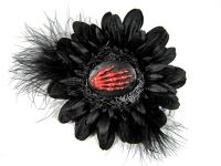 Nick's Bows Black & Black Feather w Red Skeleton Hand Cameo Edgar Allen Poe Hair Clip