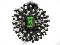 Nick's Bows Black PolkaDot & Black Feather w Green Conjoined Twins Cameo & Silver Hands Edgar Allen Poe Hair Clip