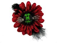 Nick's Bows Burgundy & Black Feather w Green Conjoined Twins Cameo & Silver Hands Edgar Allen Poe Hair Clip