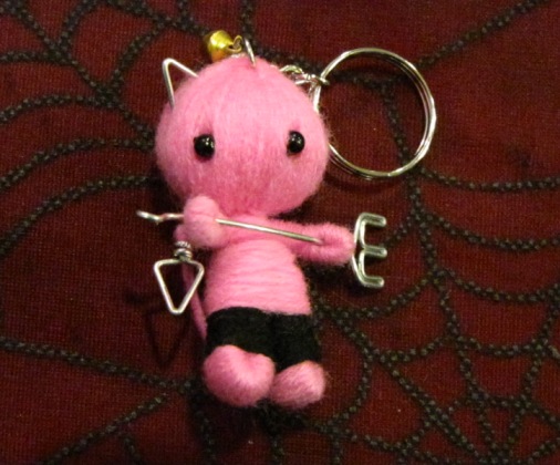 Pink Devil Cat Cuties w Pitchfork & Bell Voodoo Keychain - Click Image to Close