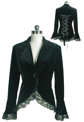 Black Gothic Lace Trim Corset Velvet Jacket - Click Image to Close