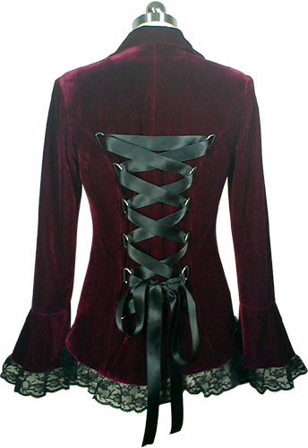 Burgundy Gothic Lace Trim Corset Velvet Jacket - Click Image to Close