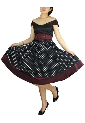 Plus Size Black and Burgundy Polka Dot Retro Rockabilly Dress - Click Image to Close