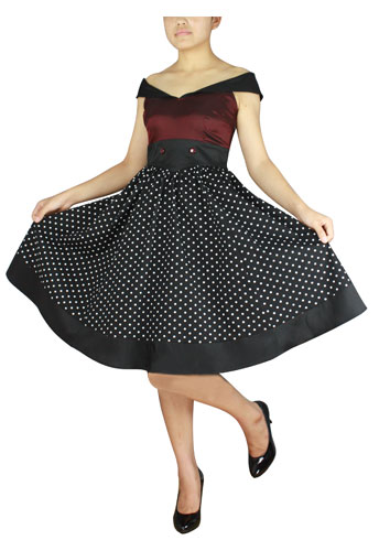 Plus Size Burgundy and Black Polka Dot Retro Rockabilly Dress - Click Image to Close
