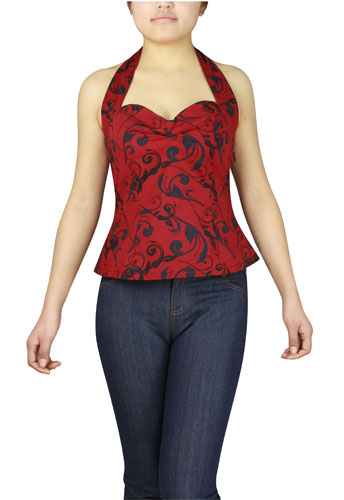 Plus Size Red and Black Printed Rockabilly Halter Top - Click Image to Close