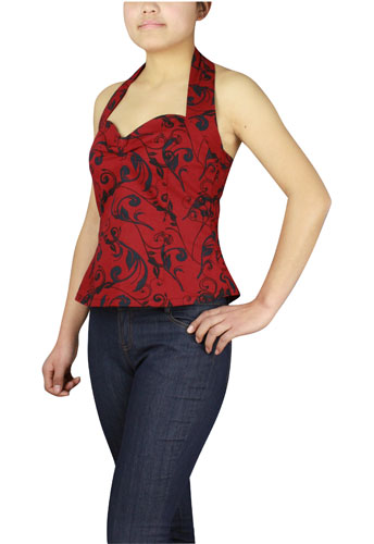 Plus Size Red and Black Printed Rockabilly Halter Top - Click Image to Close