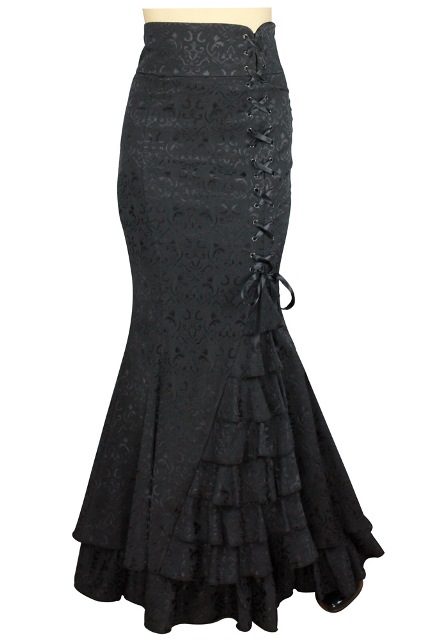 Plus Size Jacquard Black Gothic Fishtail Ruffles Skirt - Click Image to Close