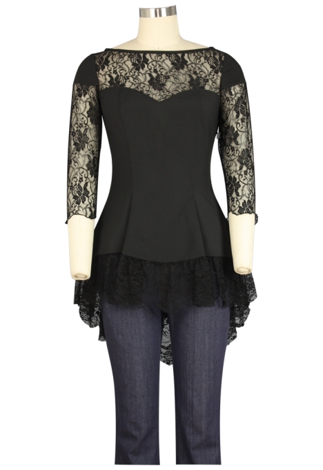 Plus Size Black Gothic Lace Sweetheart Ruffle Flirty Top