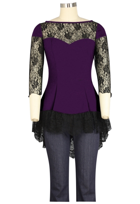 Plus Size Purple & Black Gothic Lace Sweetheart Ruffle Flirty Top