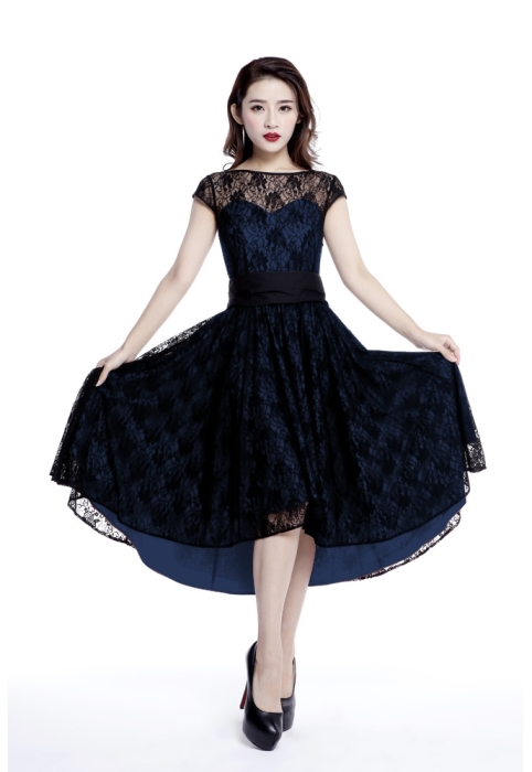 Plus Size Blue & Black Gothic Hi Lo Lace Short Sleeve Dress