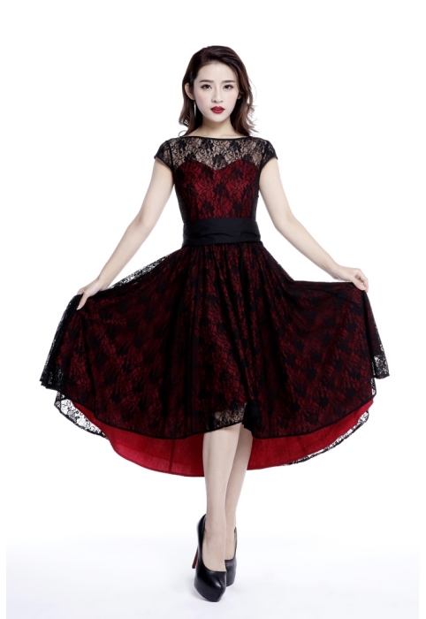 Plus Size Red & Black Gothic Hi Lo Lace Short Sleeve Dress - Click Image to Close