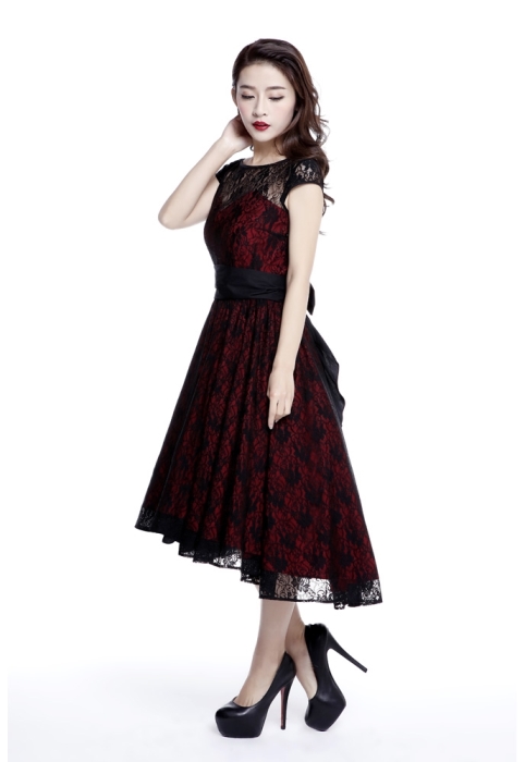 Plus Size Red & Black Gothic Hi Lo Lace Short Sleeve Dress - Click Image to Close