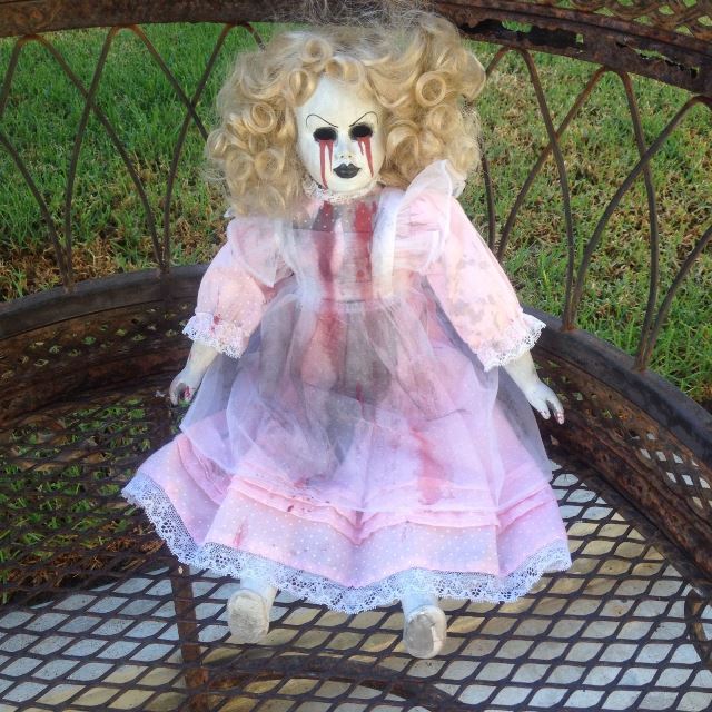 Tears of Blood Sitting Blonde Pink Dress Creepy Horror Doll by Bastet2329