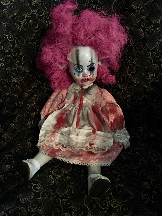 Smaller Sitting Bloody Pink Haired Clown Circus Sideshow Creepy Horror Doll by Christie Creepydolls