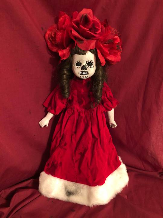 OOAK DOD Red Flower Girl  Gothic Creepy Horror Doll Art by Christie Creepydolls