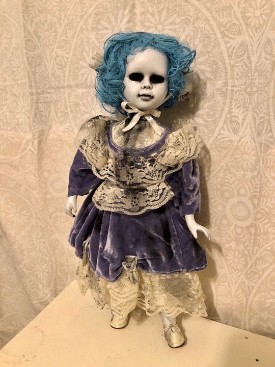 OOAK Hollow Eye Blue Hair Creepy Horror Doll Art by Christie Creepydolls