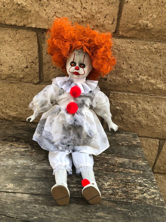OOAK Sitting Pennywise IT Clown Girl Creepy Horror Doll Art by Christie Creepydolls