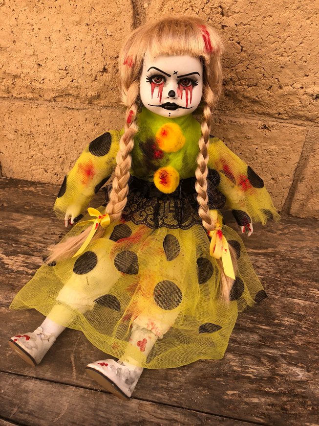 OOAK Sitting Joker Girl Tears of Blood Creepy Horror Doll Art by Christie Creepydolls