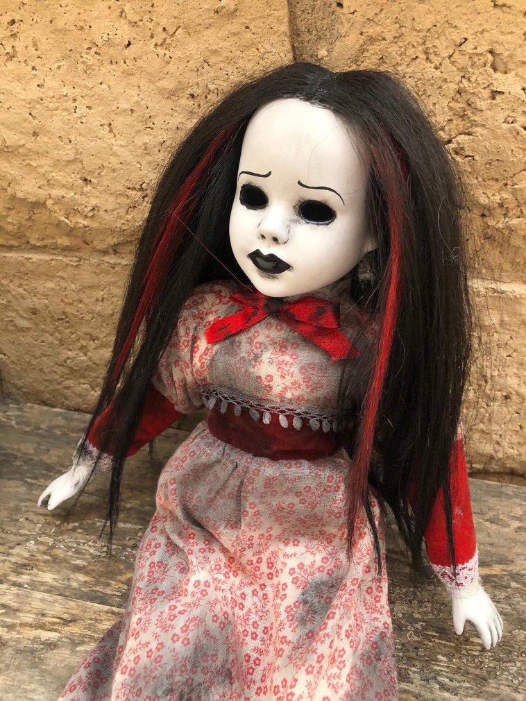 OOAK Black & Red Hair Hollow Eye Sitting Creepy Horror Doll Art by ...