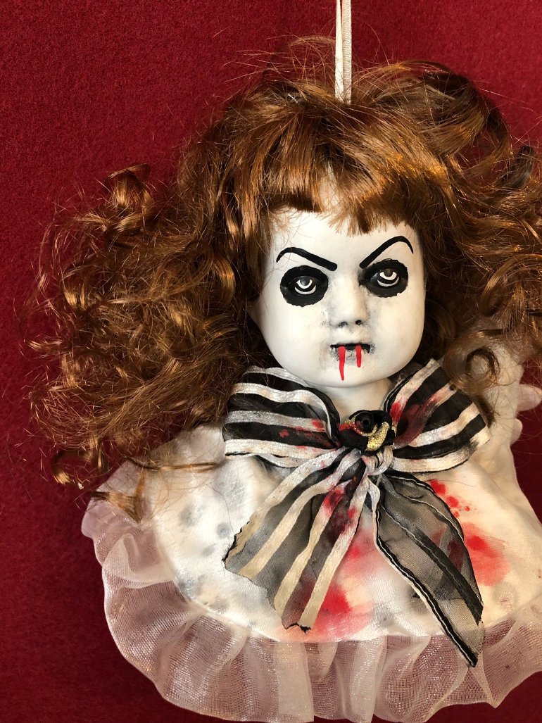 OOAK Hanging Doll Head w Blood & Bow Creepy Horror Doll Art OOAK Hanging Doll Head w Blood & Bow Creepy Horror Doll Art