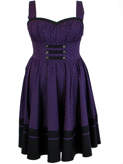 Plus Size Black and Purple Polka Dot Flirty Rockabilly Dress - Click Image to Close