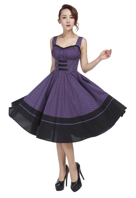 Plus Size Black and Purple Polka Dot Flirty Rockabilly Dress - Click Image to Close