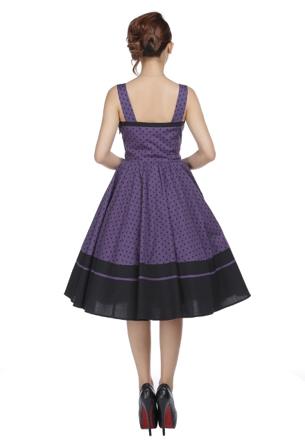 Plus Size Black and Purple Polka Dot Flirty Rockabilly Dress - Click Image to Close