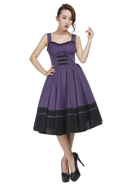 Plus Size Black and Purple Polka Dot Flirty Rockabilly Dress - Click Image to Close