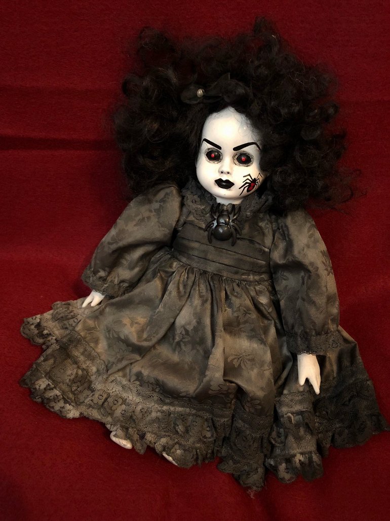 OOAK Small Musical Sitting Black Spider Girl Creepy Horror Doll Art by Christie Creepydolls