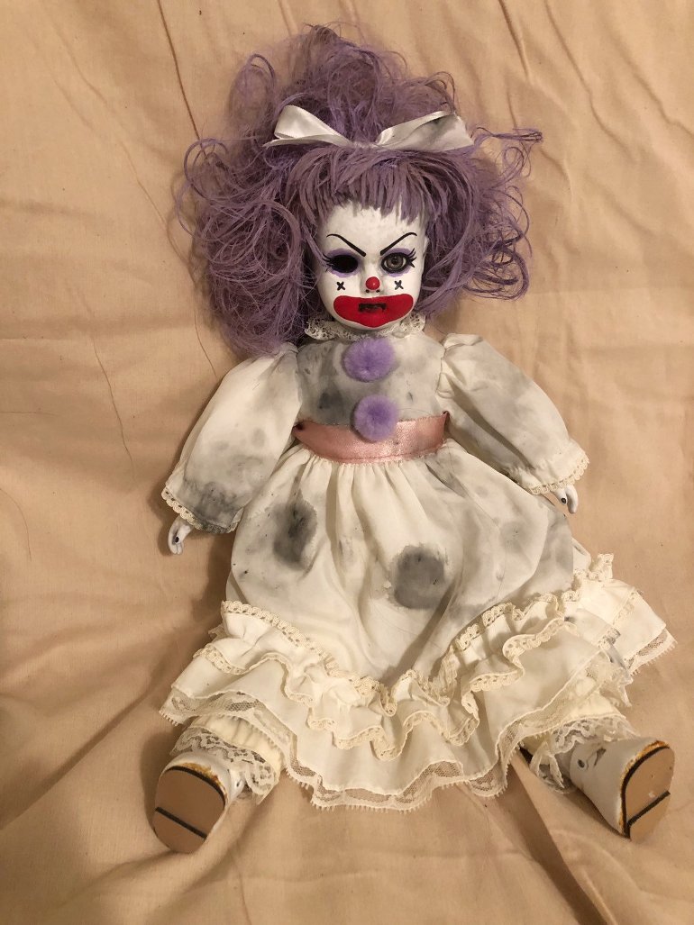 OOAK Sitting Purple One Eye Clown Circus Sideshow Creepy Horror Doll Art by Christie Creepydolls