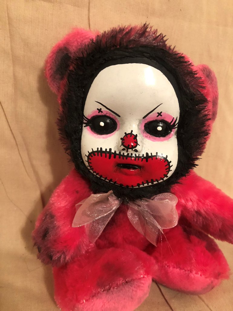 OOAK Small Cute Pink Clown Teddy Bear Creepy Horror Doll Art Christie Creepydolls