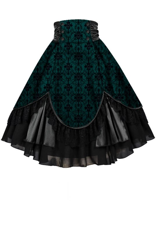 Plus Size Teal Green/Blue Damask Pattern & Black Gothic High Waist Lace and Tafetta Skirt - Click Image to Close