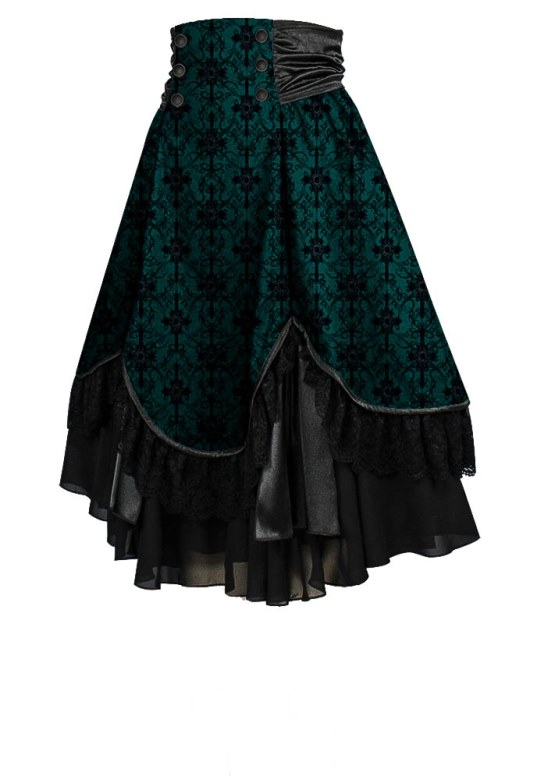 Plus Size Teal Green/Blue Damask Pattern & Black Gothic High Waist Lace and Tafetta Skirt - Click Image to Close