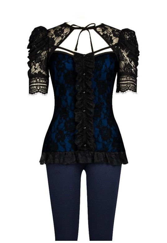 Plus Size Black & Blue Gothic Lace Ruffle Front Tie Top - Click Image to Close