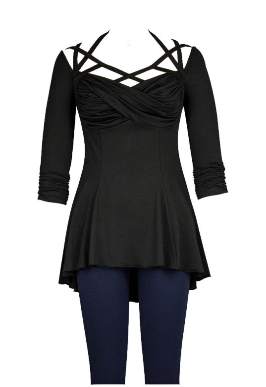 Plus Size Black Gothic Criss Cross Stetchy Jersey Top - Click Image to Close