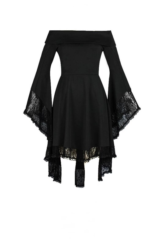 Plus Size Black Gothic Stretchy Hi Lo Lace Bellsleeve Dress [79450 ...