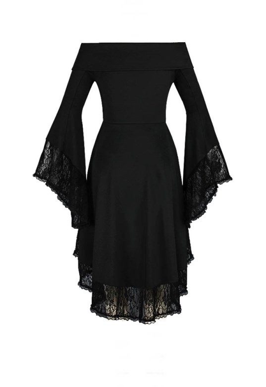 Plus Size Black Gothic Stretchy Hi Lo Lace Bellsleeve Dress [79450 ...