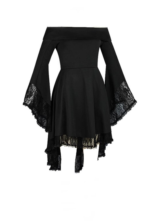 Plus Size Black Gothic Stretchy Hi Lo Lace Bellsleeve Dress [79450 ...
