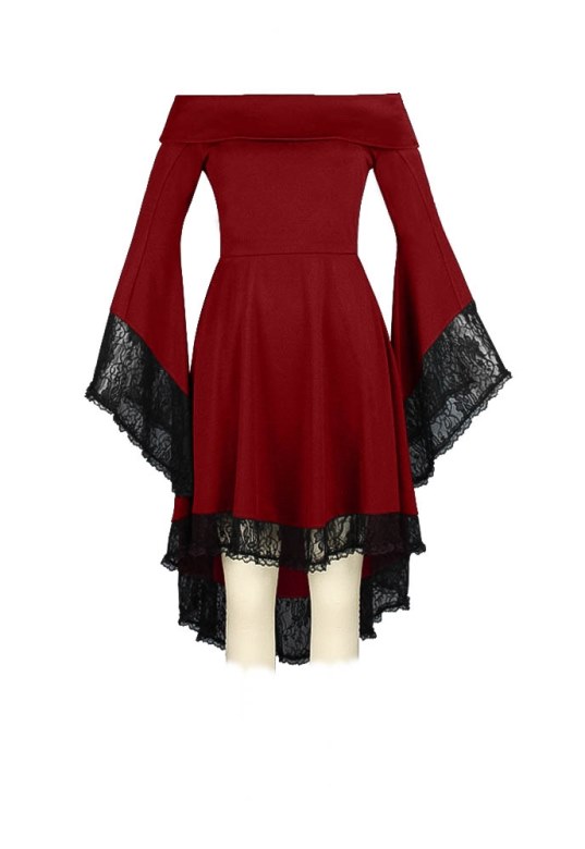 Plus Size Burgundy Gothic Stretchy Hi Lo Lace Bellsleeve Dress