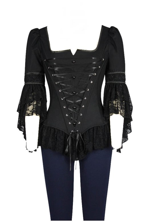 Plus Size Black Gothic Wide Shoulder Lace Boned Corset Top
